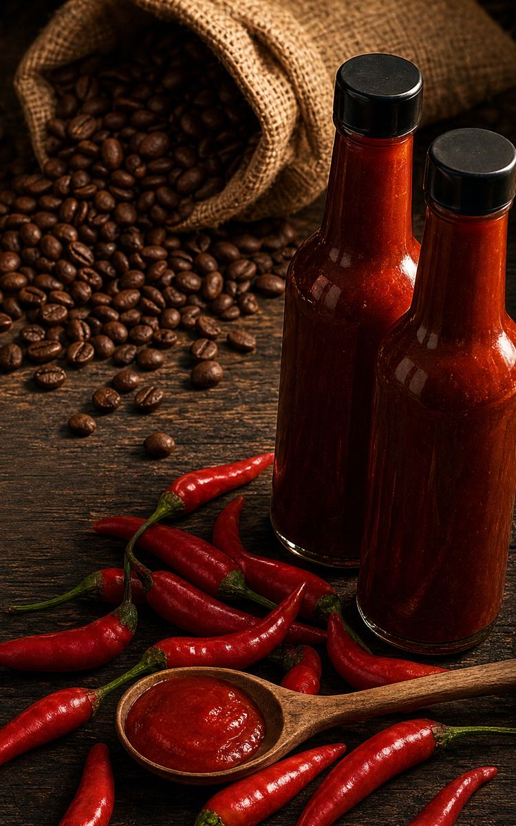 Botellas de salsa Buco con chiles habaneros